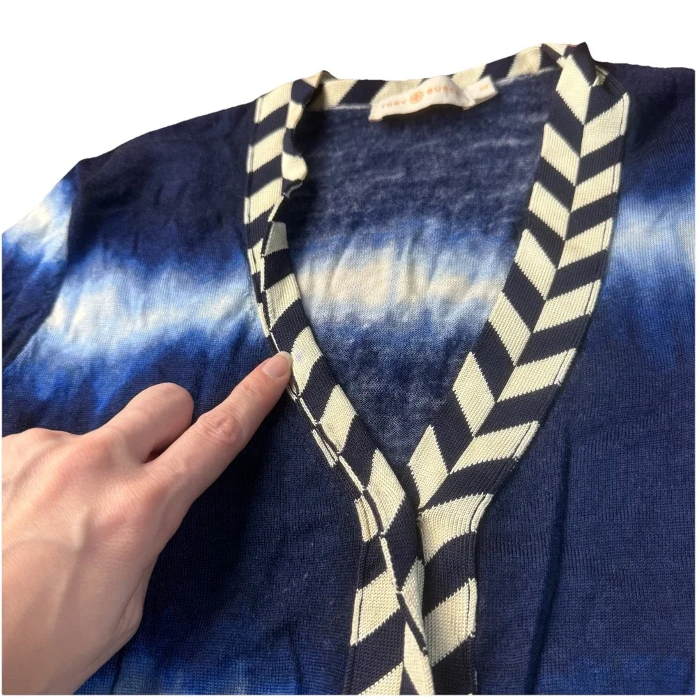 Tory Burch‎ Blue Cardigan Sweater Navy Small Nautical Tie Dye *flaws